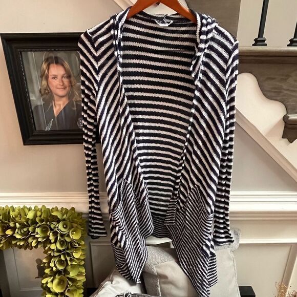 Motherhood Maternity Blue & White Open Front Pocket Hoodie Cardigan Sweater M - Picture 1 of 5